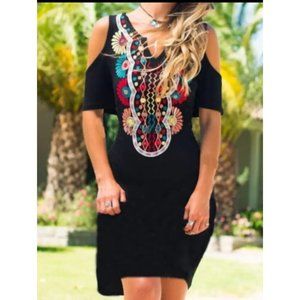 Sheilay Shift Dress Knee Length Dress Black Half Sleeve Floral Summer V Neck Hot